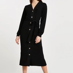 Black tie waist button down dress
